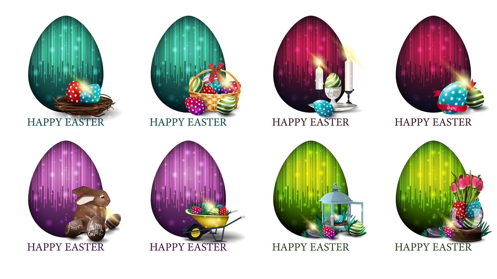 ensemble de cartes postales colorées lumineuses avec des icônes de Pâques vecteur