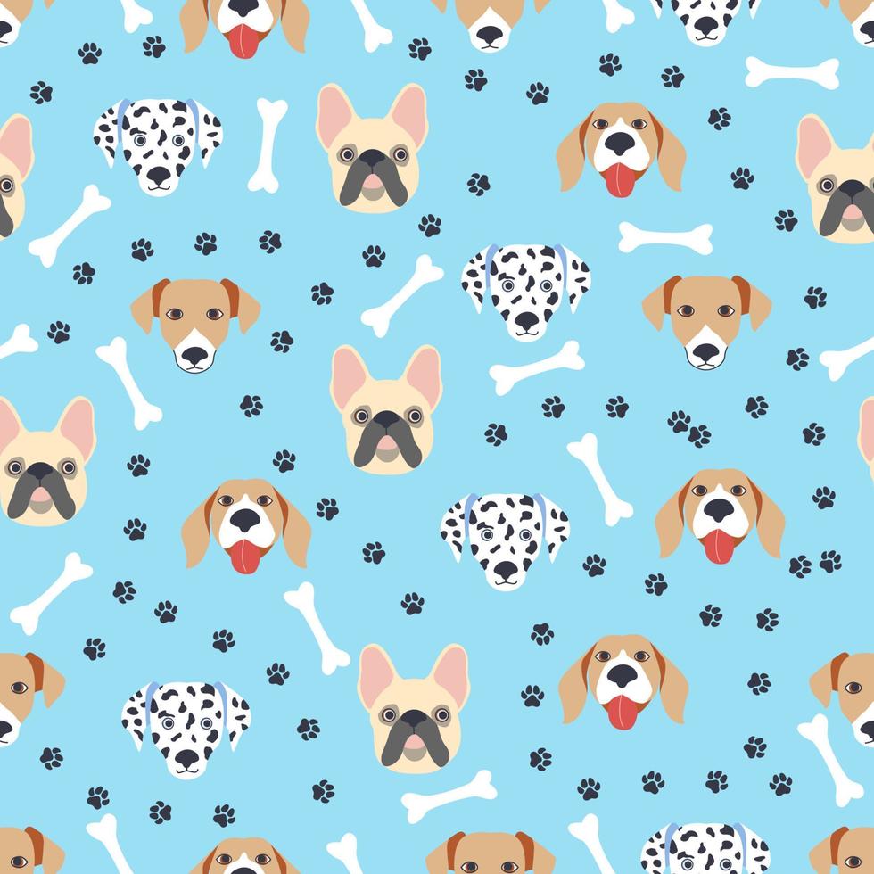 modèles sans couture avec des muselières de chiens de dessin animé mignon. dalmatien, terrier, bouledogue vecteur