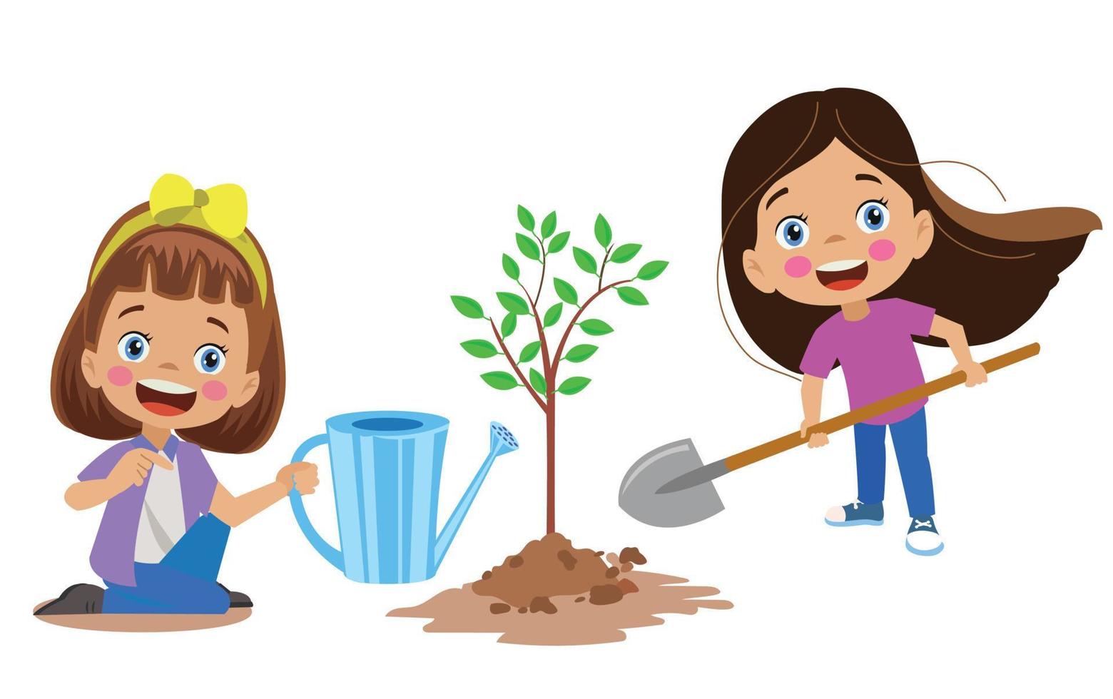 mignons enfants heureux plantant des jeunes arbres vecteur