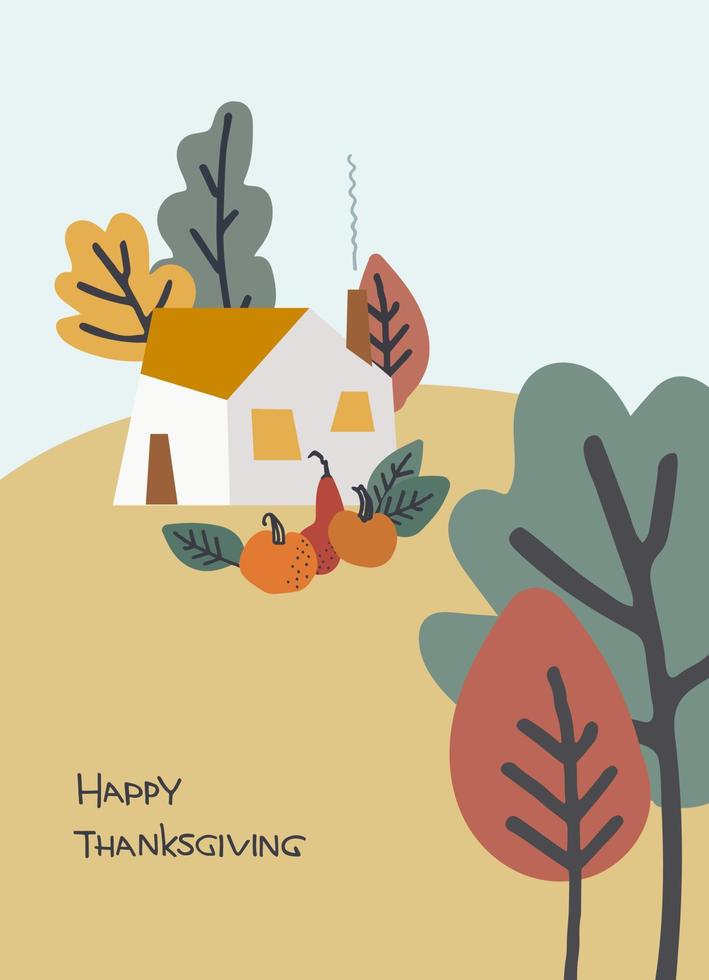 joyeux jour de thanksgiving conception de vacances confortable. phrase de salutation manuscrite avec maison de campagne, citrouilles. modèle de carte de voeux vecteur