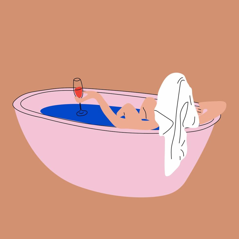 femme prenant un bain moussant relaxant et buvant du vin rouge, vue latérale. vecteur en style cartoon. tous les éléments sont isolés