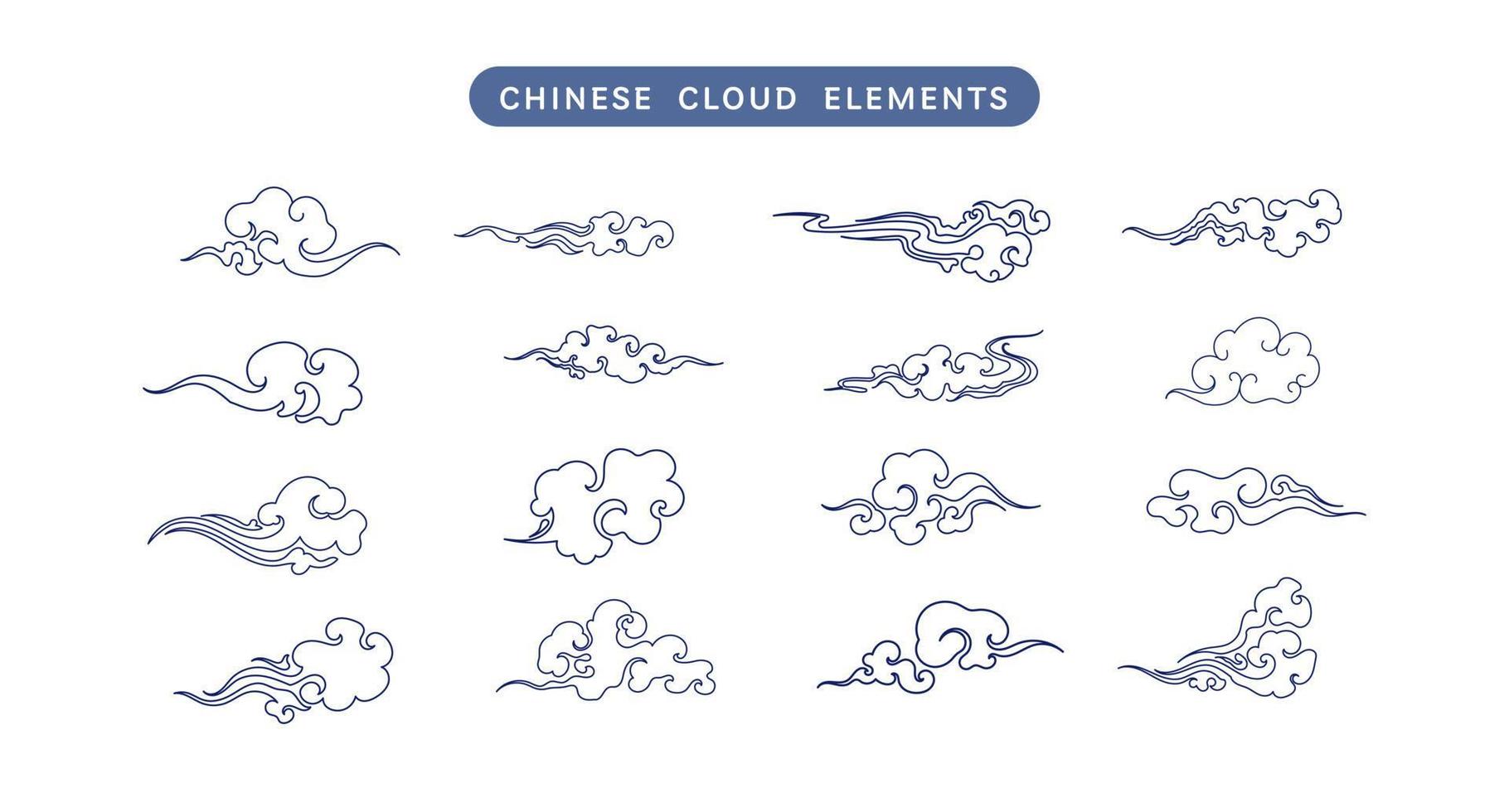 collection de vecteurs de lignes de nuages chinois. éléments orientaux d'ornement de doodle pour la carte du nouvel an chinois asiatique ou la mi-automne. illustration décorative d'art de ciel vintage vecteur