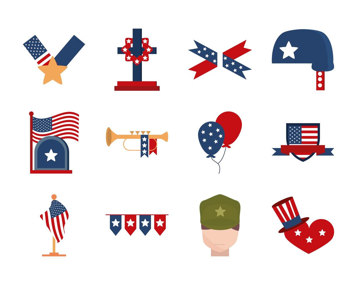 Memorial Day, jeu d'icônes de célébration nationale américaine vecteur