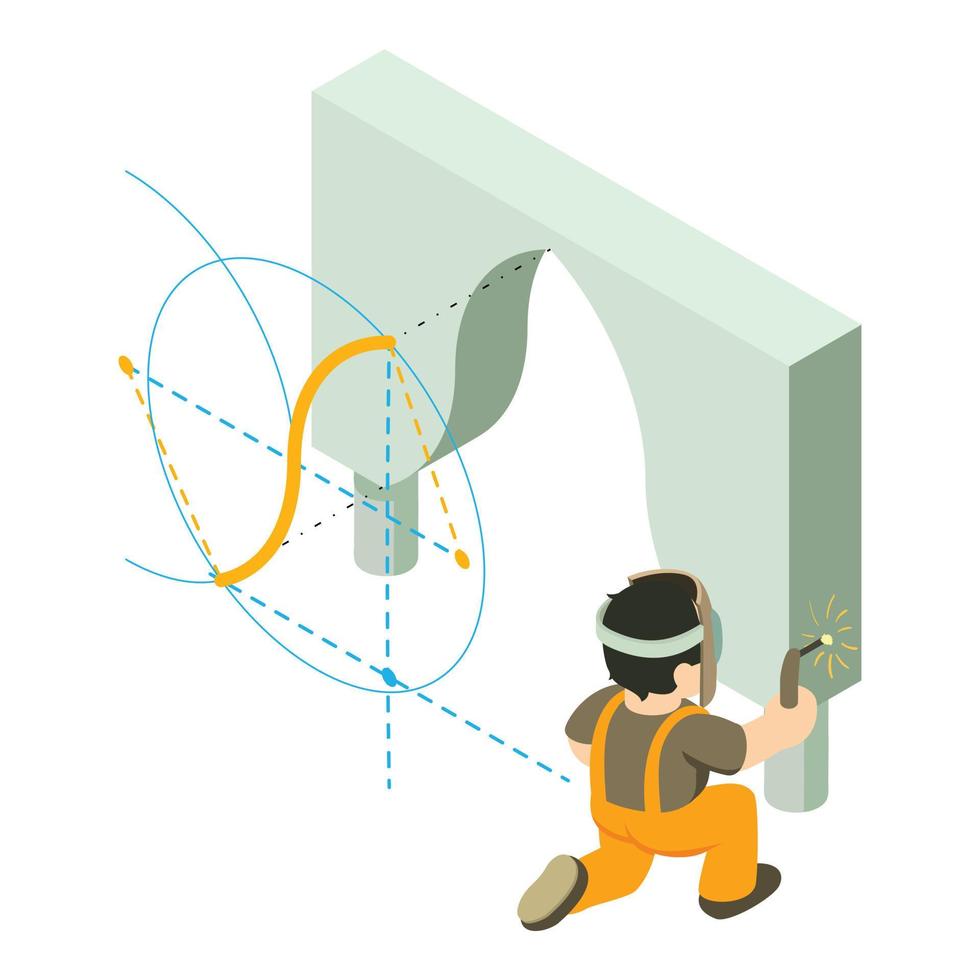 vecteur isométrique d'icône de travail de soudage. le soudeur effectue des travaux de soudage près de l'arche bouclée