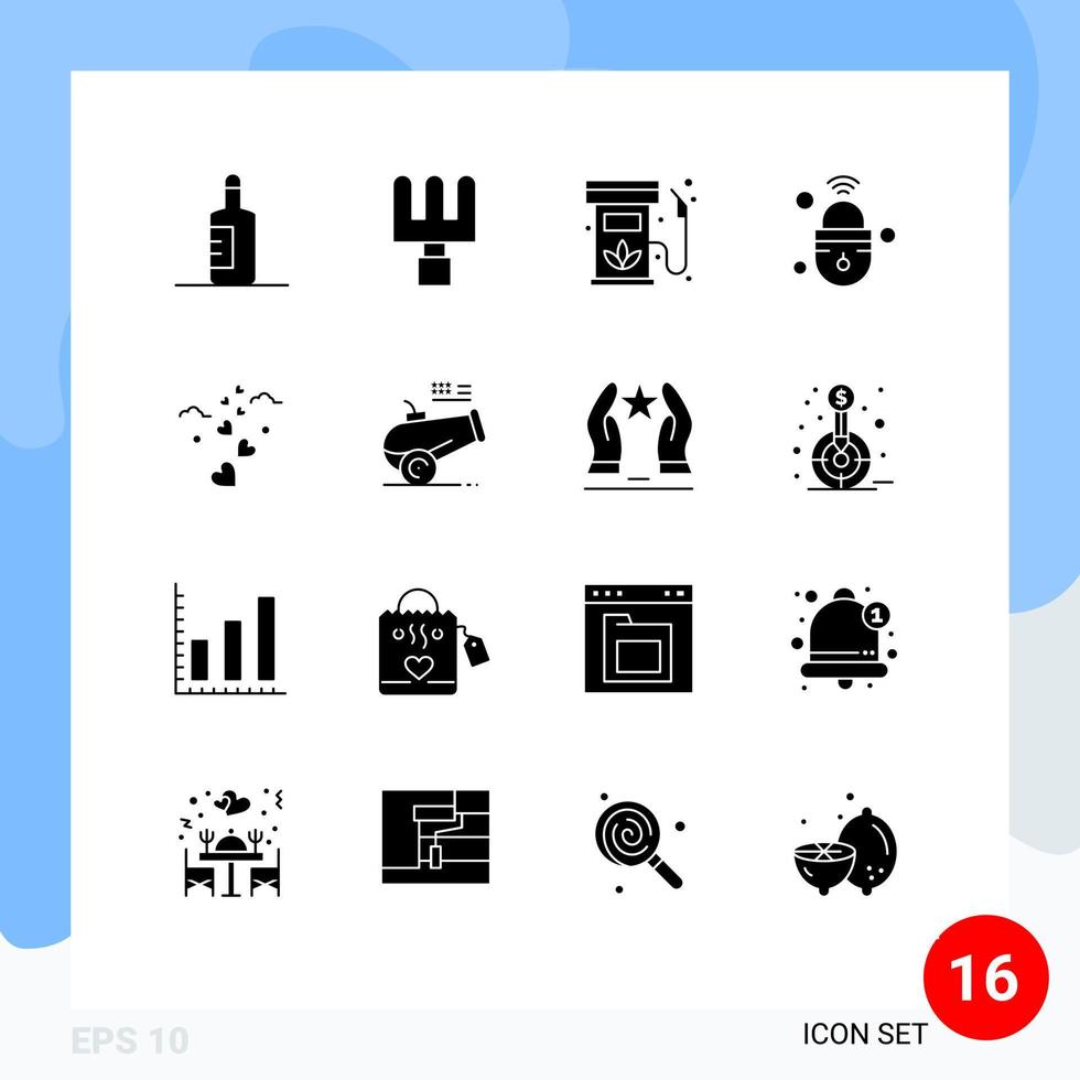 groupe de 16 glyphes solides modernes définis pour les cœurs aimants serrure wifi à gaz éléments de conception vectoriels modifiables vecteur