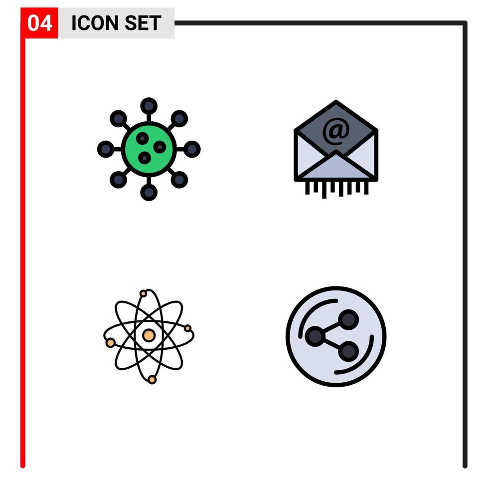 ensemble moderne de 4 pictogrammes de couleurs plates remplies de biochimie atome chimie mail molécule éléments de conception vectoriels modifiables vecteur