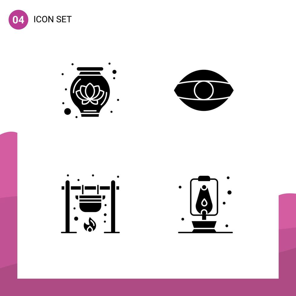 pictogramme ensemble de 4 glyphes solides simples de pot camping vision oculaire feu éléments de conception vectoriels modifiables vecteur