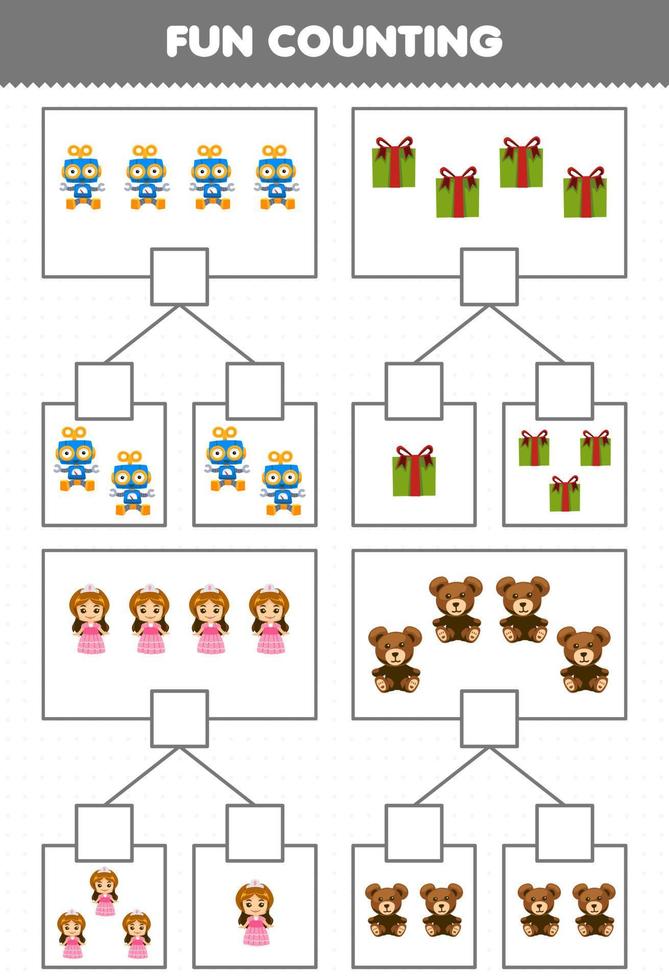 jeu d'éducation pour les enfants amusement comptage image dans chaque boîte de boîte-cadeau de dessin animé mignon robot poupée ours en peluche jouet feuille de travail d'hiver imprimable vecteur