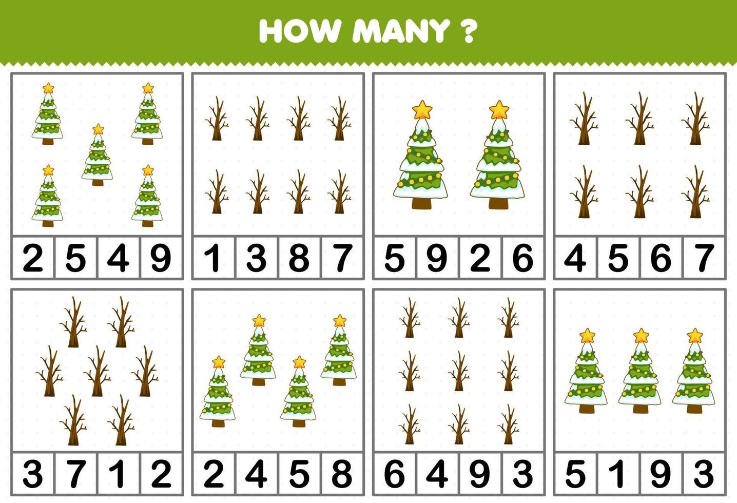 jeu éducatif pour les enfants comptant le nombre d'objets dans chaque table d'arbre de noël et de branche de dessin animé mignon feuille de travail d'hiver imprimable vecteur