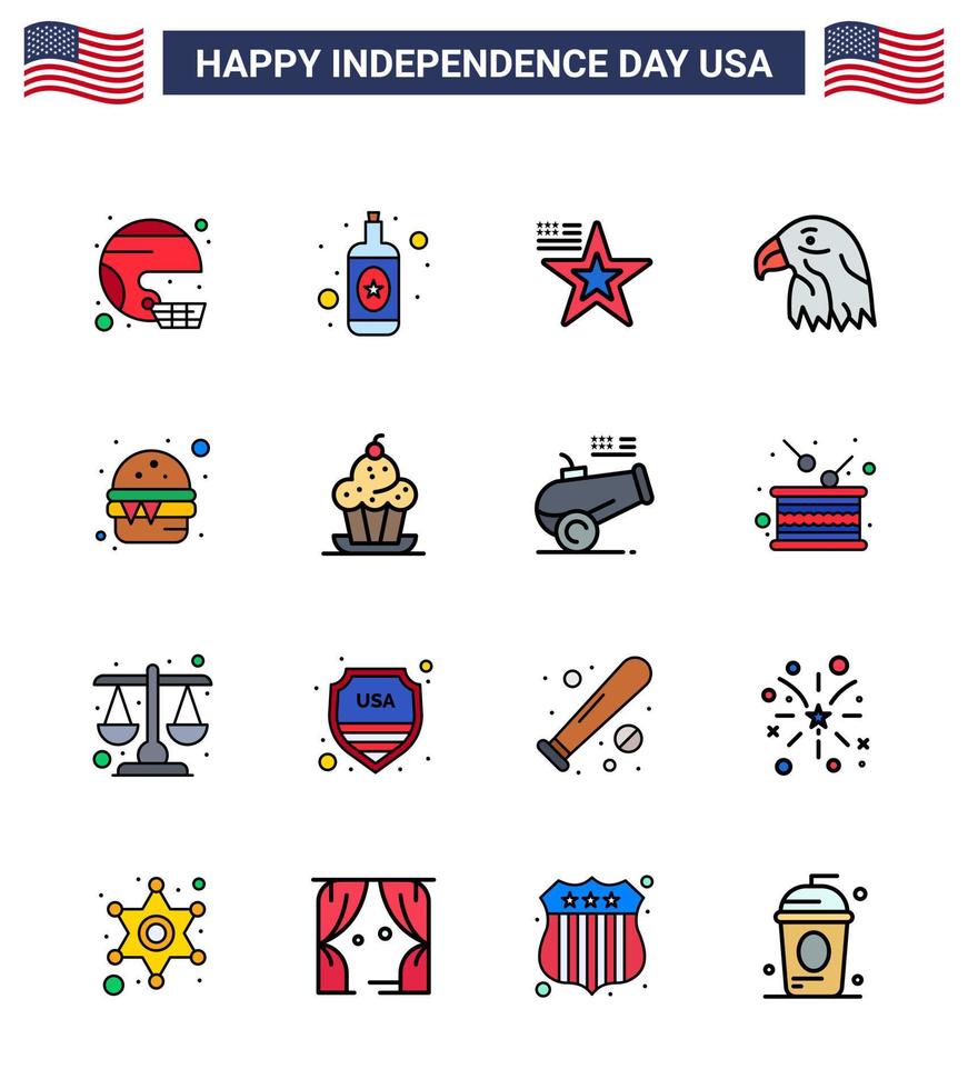 groupe de 16 lignes remplies à plat définies pour le jour de l'indépendance des états-unis d'amérique tels que burger eagle wine bird usa modifiable usa day vector design elements