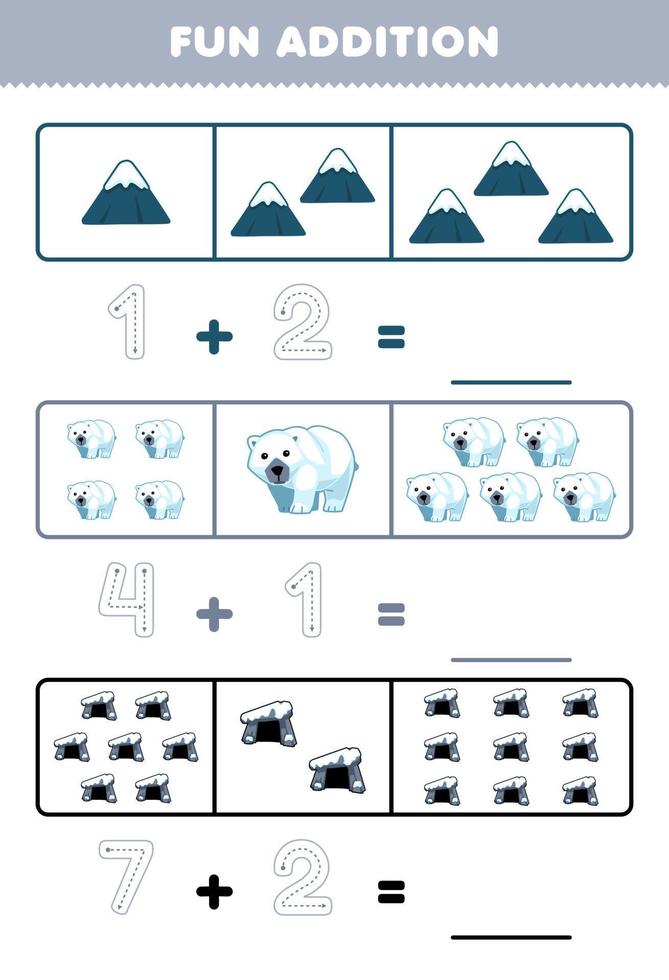 jeu éducatif pour les enfants addition amusante en comptant et en traçant le nombre de dessin animé mignon montagne ours polaire den feuille de travail imprimable d'hiver vecteur