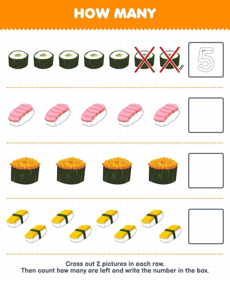 jeu éducatif pour les enfants comptez combien de sushis de dessin animé et écrivez le nombre dans la boîte feuille de calcul alimentaire japonaise imprimable vecteur