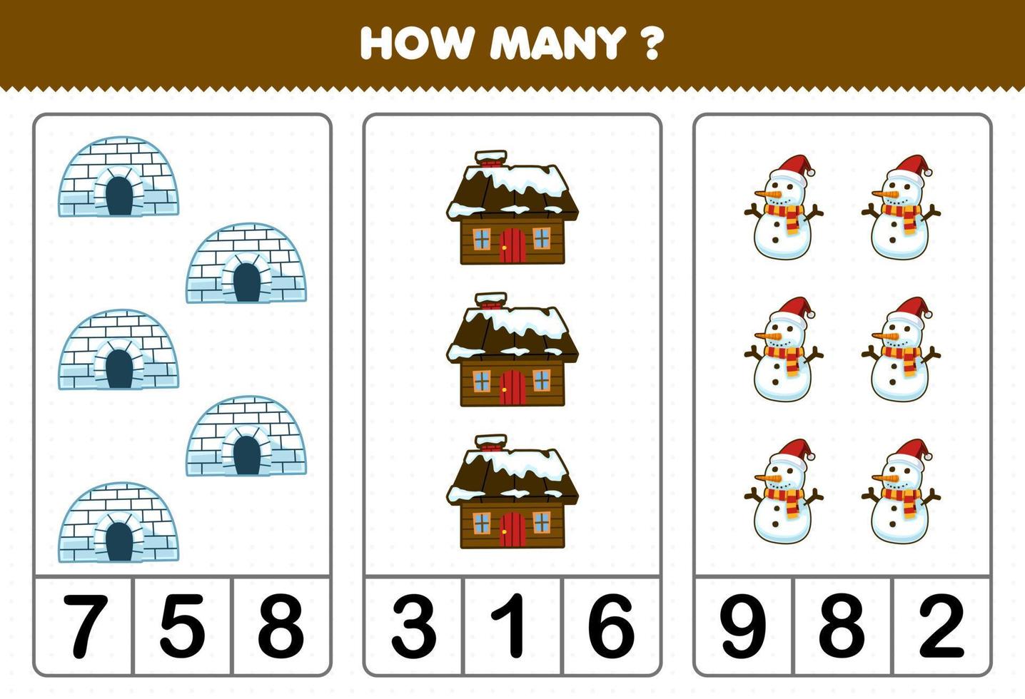 jeu éducatif pour les enfants comptant combien de dessin animé mignon igloo maison bonhomme de neige feuille de travail imprimable d'hiver vecteur