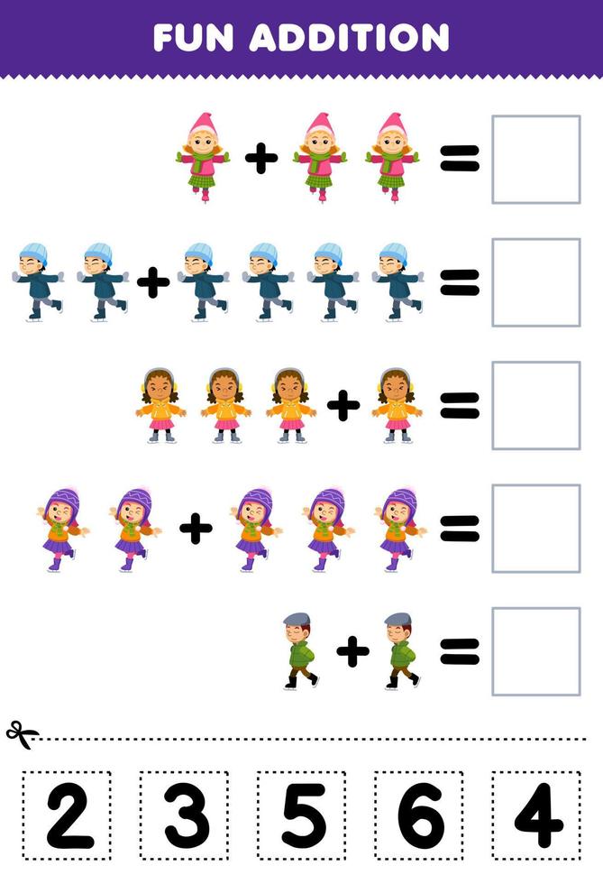 jeu éducatif pour les enfants addition amusante par coupe et correspondance nombre correct pour dessin animé mignon garçon et fille jouant au patinage sur glace feuille de travail imprimable d'hiver vecteur