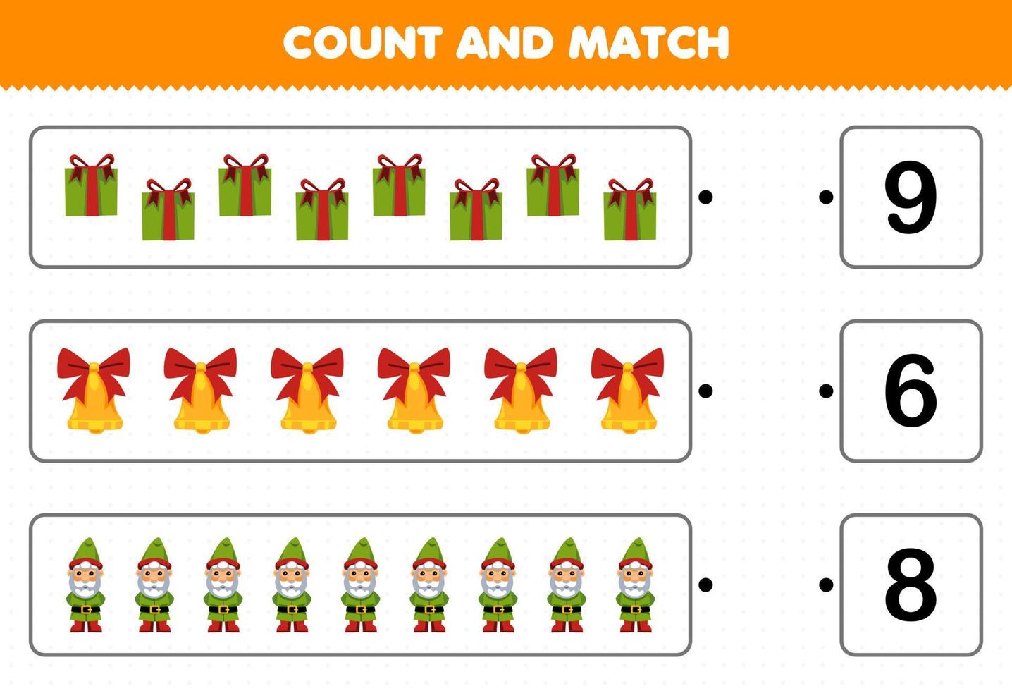 jeu éducatif pour les enfants compter le nombre de dessin animé mignon boîte-cadeau cloche gnome et faire correspondre avec les bons numéros feuille de travail d'hiver imprimable vecteur