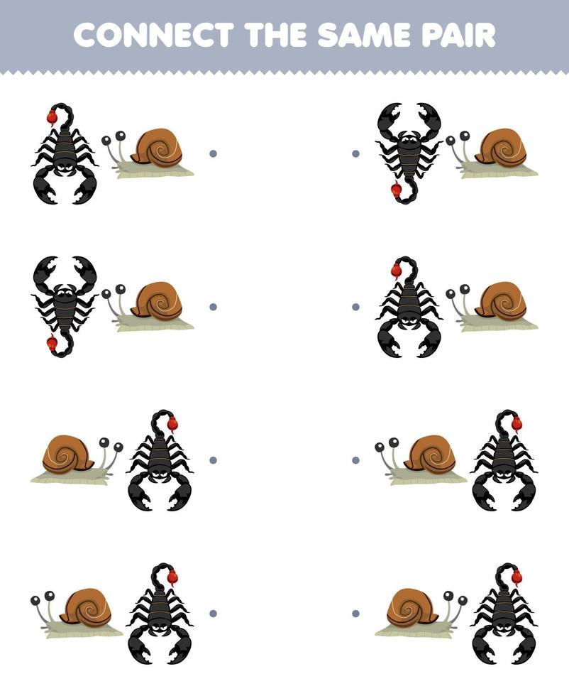 jeu éducatif pour les enfants connectez la même image de dessin animé mignon scorpion et escargot feuille de calcul de bogue imprimable vecteur