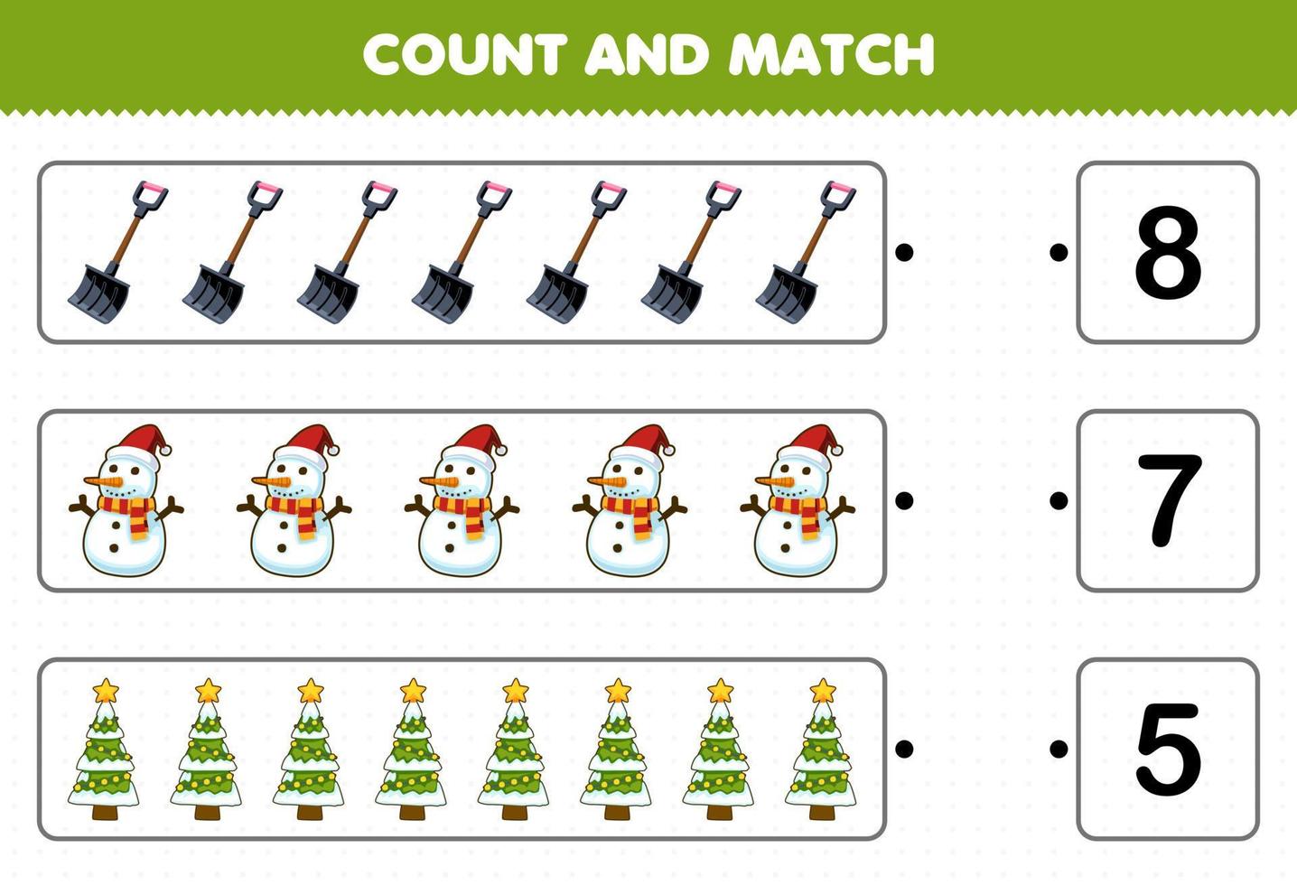 jeu éducatif pour les enfants compter le nombre de pelle de dessin animé mignon bonhomme de neige sapin de noël et faire correspondre avec les bons chiffres feuille de travail d'hiver imprimable vecteur