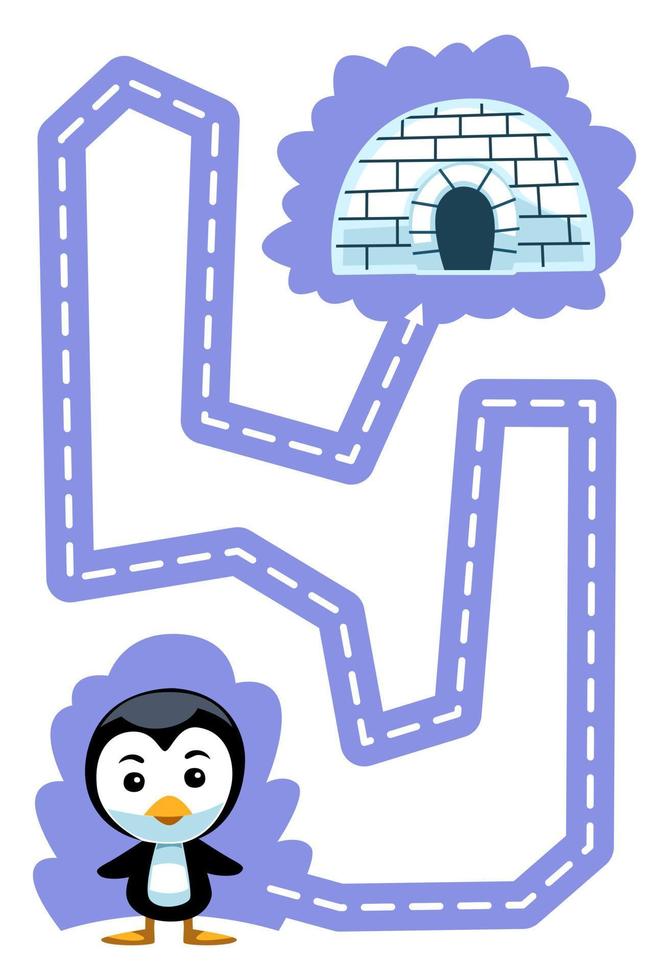 jeu d'éducation pour les enfants pratique de l'écriture tracer les lignes aidez le pingouin de dessin animé mignon à passer à l'igloo feuille de travail d'hiver imprimable vecteur