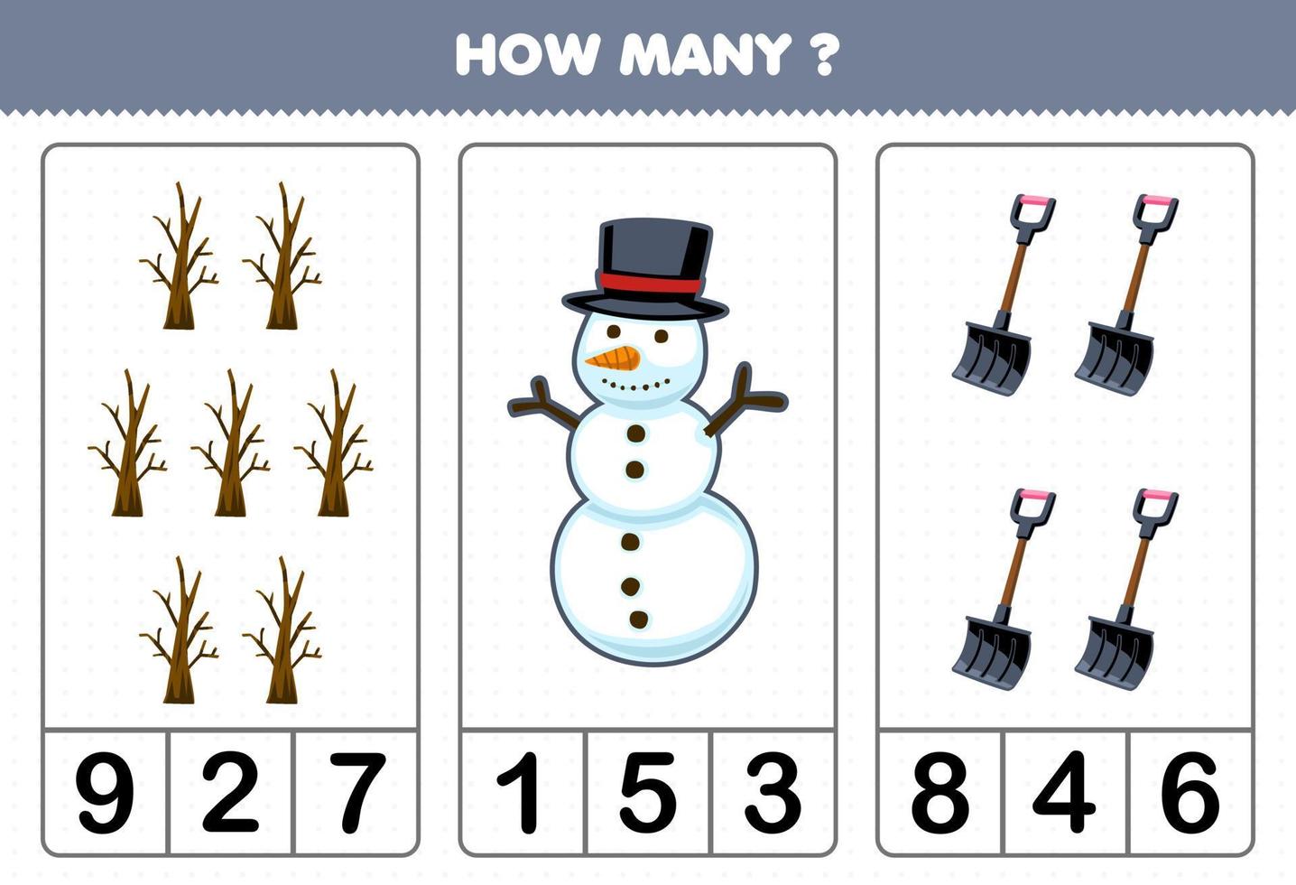 jeu d'éducation pour les enfants comptant combien de dessin animé mignon branche bonhomme de neige pelle imprimable feuille de travail d'hiver vecteur