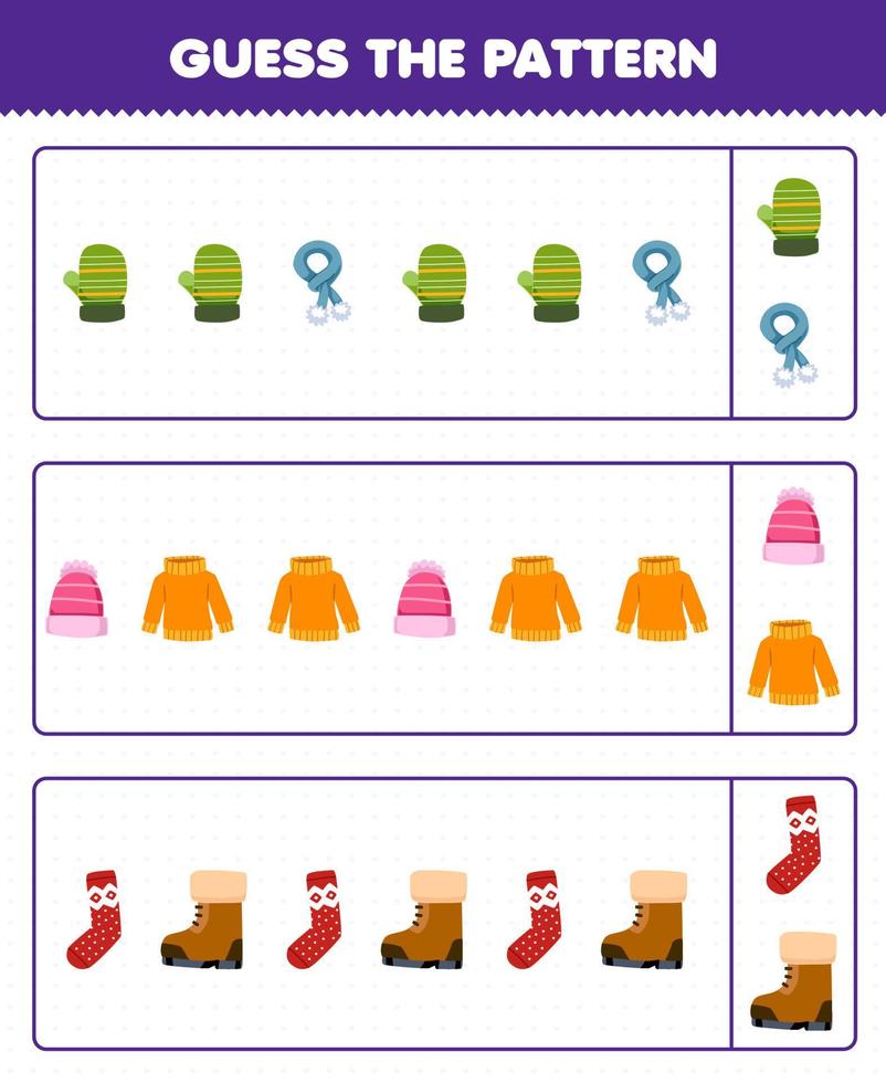 jeu éducatif pour les enfants devinez le motif chaque rangée de dessin animé mignon mitaine écharpe bonnet chandail chaussette botte feuille de travail d'hiver imprimable vecteur