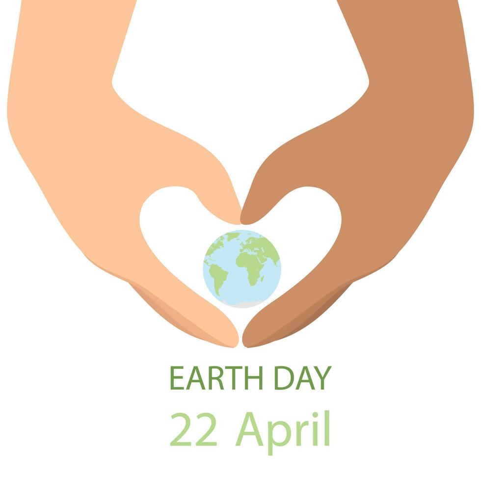 jour de la terre, 22 avril. main européenne et africaine en vue comme coeur avec de la terre à l'intérieur. illustration vectorielle. vecteur