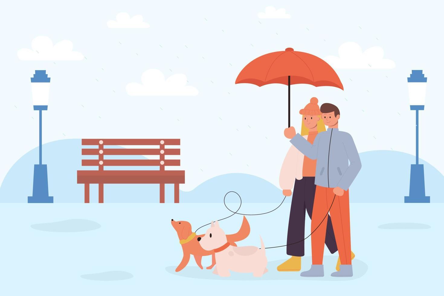 mois de promenade de chien. une femme et un homme promenant un chien en hiver dans la neige ou la pluie. vecteur