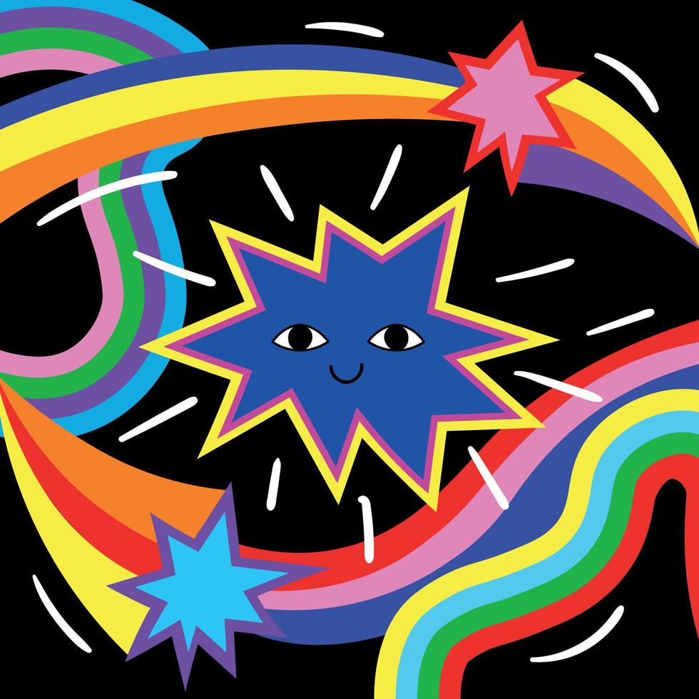 carte de noël de vacances décorative bizarre avec étoile de personnage de dessin animé funky. vecteur mec étoile mignon et funky. ambiance hippie et funky. carte postale bizarre rétro