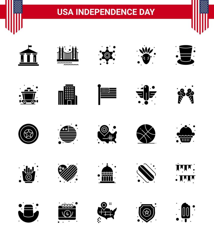 ensemble de 25 pack de glyphes solides modernes le jour de l'indépendance des états-unis tourisme amérindien américain étoile américaine modifiable éléments de conception vectorielle de la journée des états-unis vecteur