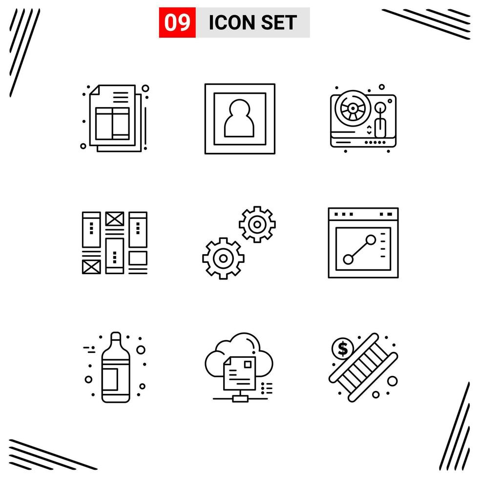 Style de ligne de 9 icônes. symboles de contour créatifs basés sur une grille pour la conception de sites Web. signes d'icône de ligne simple isolés sur fond blanc. 9 jeu d'icônes. vecteur