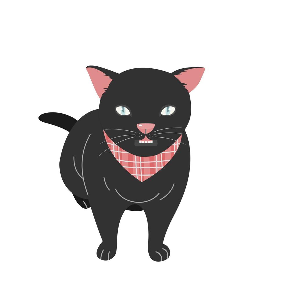 chat noir mignon avec écharpe isolé dans un style vectoriel plat.