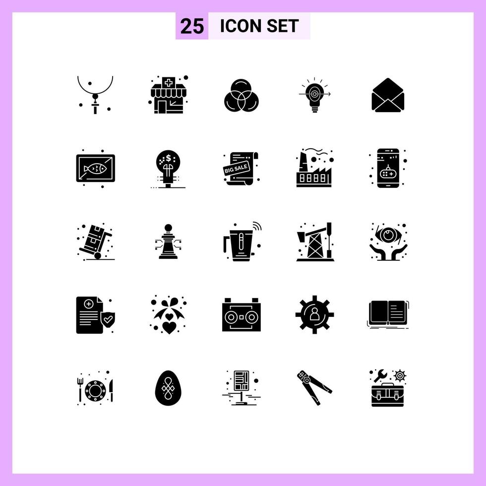 interface mobile glyphe solide ensemble de 25 pictogrammes d'éléments de conception vectoriels modifiables de réussite commerciale rgb mail ouvert vecteur