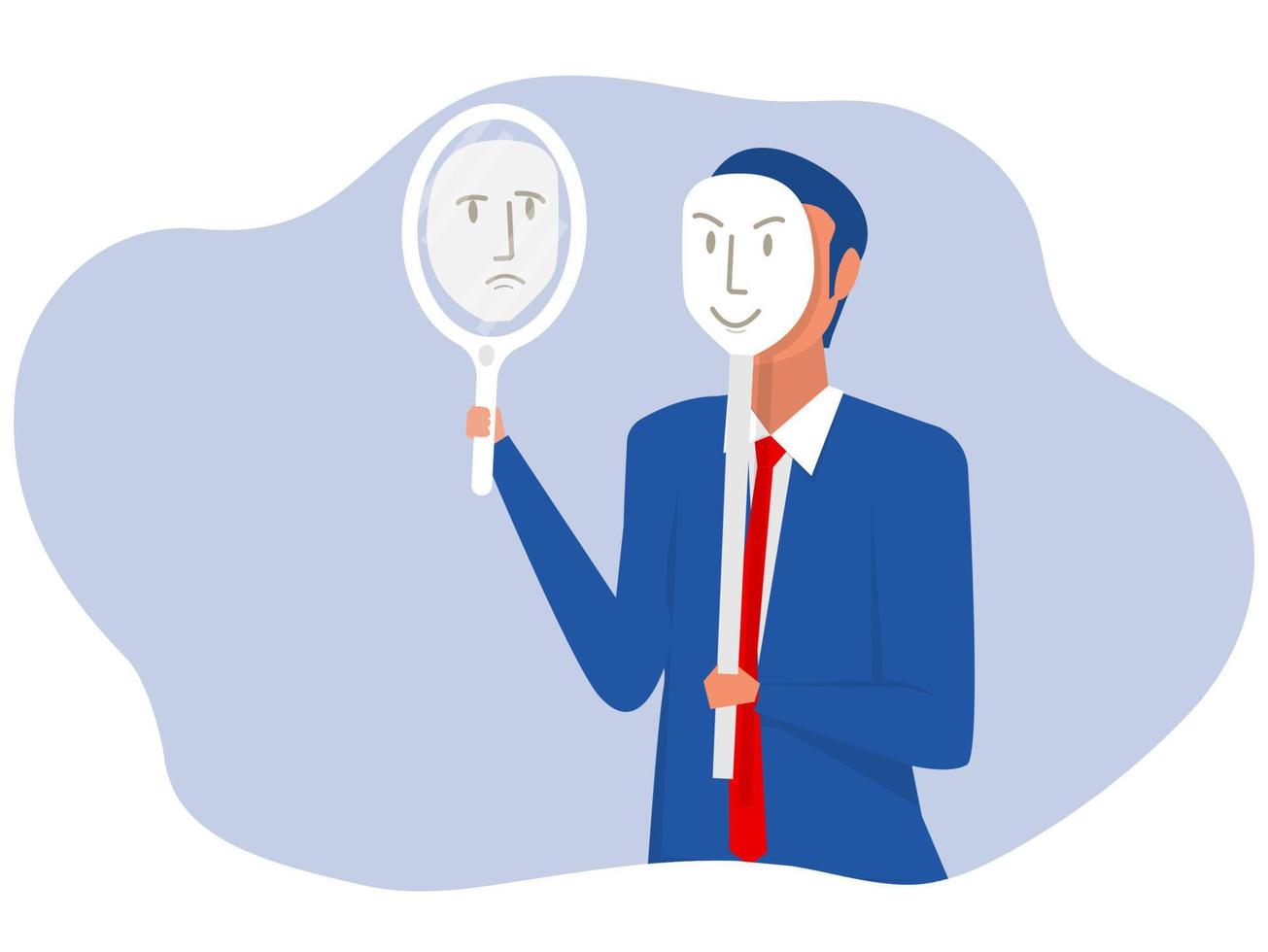 homme d'affaires se regardant du miroir masque facial triste ou dépression cachent souvent leurs vrais sentiments ou les gardent à l'intérieur du concept de santé mentale illustration vectorielle plane vecteur