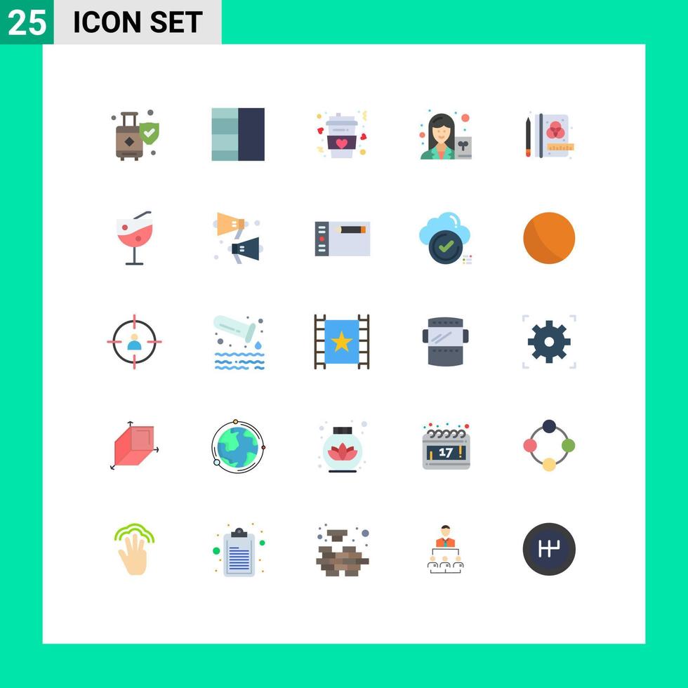 ensemble de pictogrammes de 25 couleurs plates simples de papeterie créatif boisson écrivain scientifique éléments de conception vectoriels modifiables vecteur