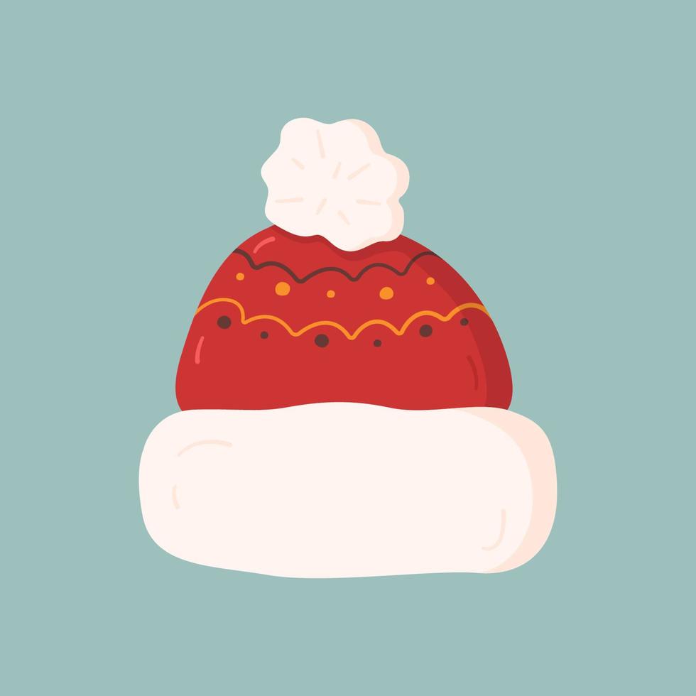 chapeau d'hiver et d'automne de dessin animé avec pompon. casquette mignonne avec motif isolé sur fond bleu. illustration vectorielle vecteur