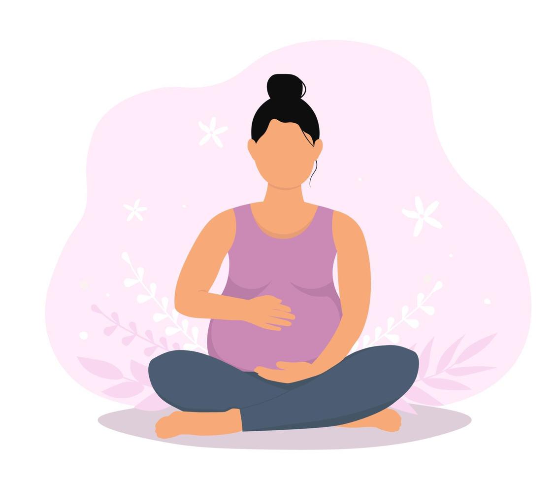 femme enceinte, la future mère est assise dans la position du lotus avec les jambes croisées et un gros ventre. la femelle attend un bébé. graphiques vectoriels. vecteur