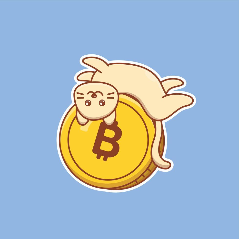 chat de dessin animé mignon sur la pièce de monnaie bitcoin en illustration vectorielle. vecteur isolé animal. style de dessin animé plat