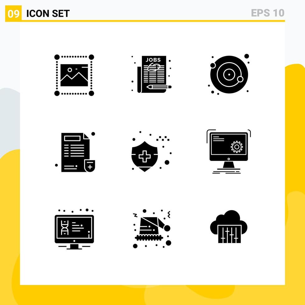 pack d'interface utilisateur de 9 glyphes solides de base d'assurance automobile médical sélectionner travail hôpital satellite éléments de conception vectoriels modifiables vecteur