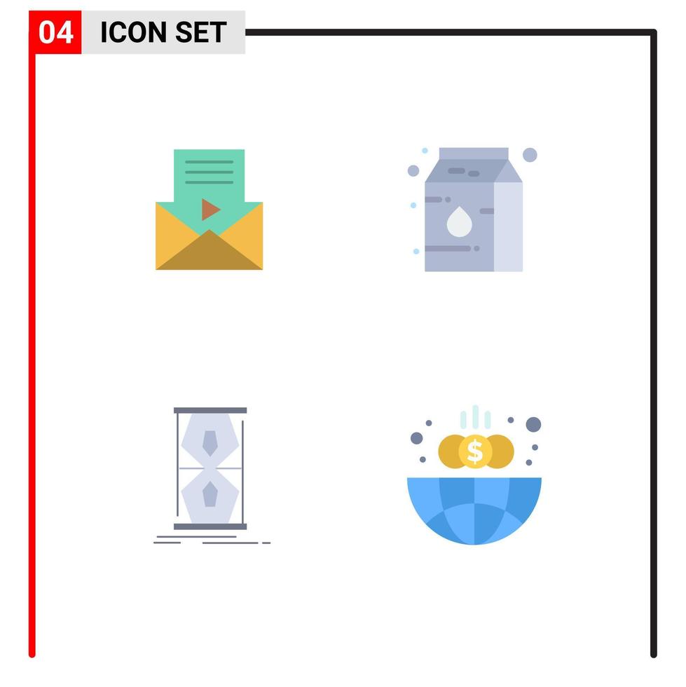 pack d'interface utilisateur de 4 icônes plates de base du courrier au début du lecteur vidéo temps de lait éléments de conception vectoriels modifiables vecteur