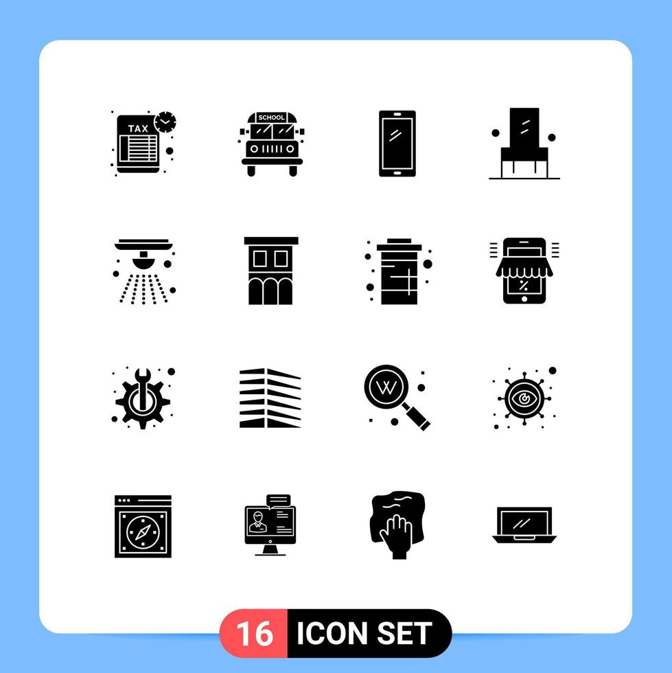 pack de 16 glyphes solides créatifs d'éléments de conception vectoriels modifiables de chaise intérieure de téléphone intelligent de siège d'alerte vecteur