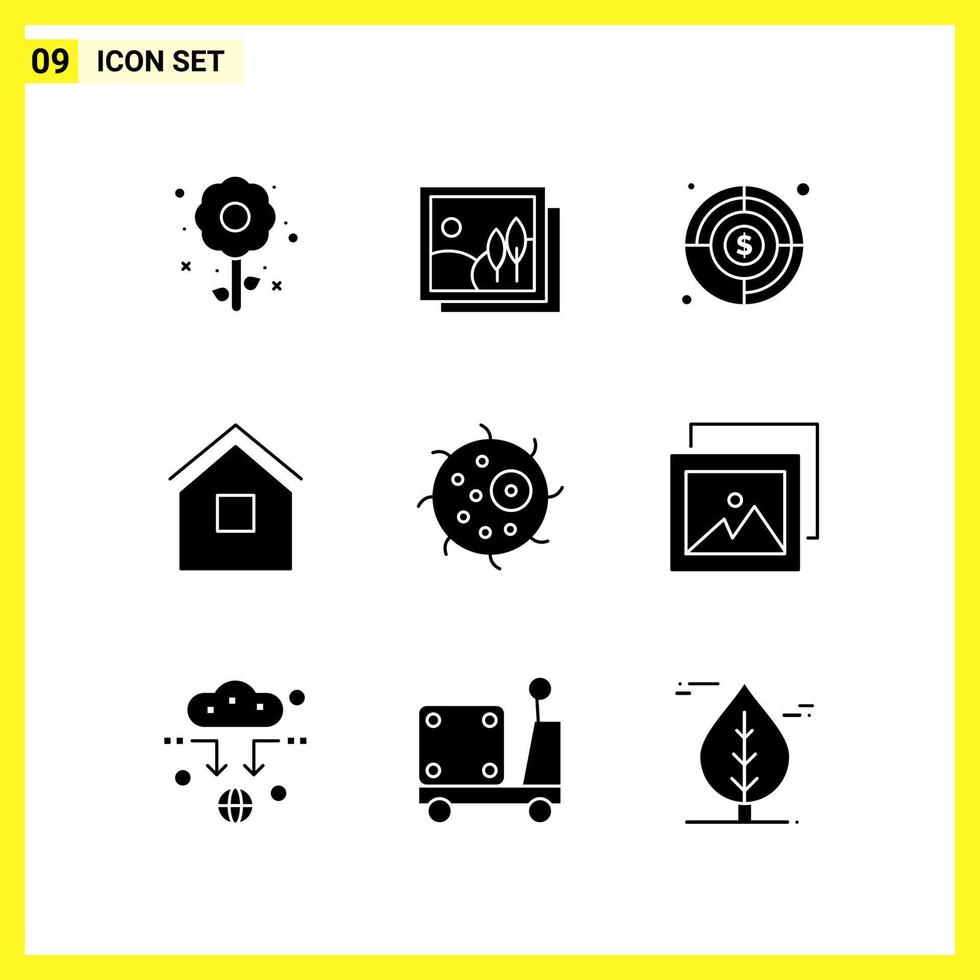 9 jeu d'icônes. symboles solides simples. signe de glyphe sur fond blanc pour les applications mobiles de conception de sites Web et les médias imprimés. vecteur