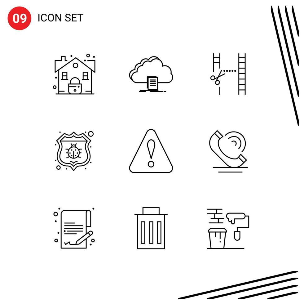 ensemble moderne de 9 contours pictogramme d'alerte protéger téléchargement bogue édition éléments de conception vectoriels modifiables vecteur