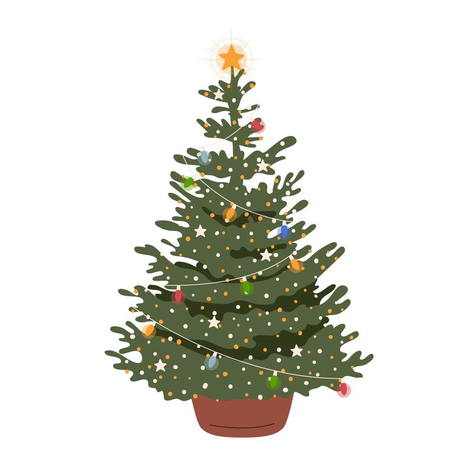 arbre de noël en pot décoré d'une guirlande de vacances et d'une étoile. sapin de Noël avec décoration d'hiver. illustration vectorielle isolée sur fond blanc vecteur