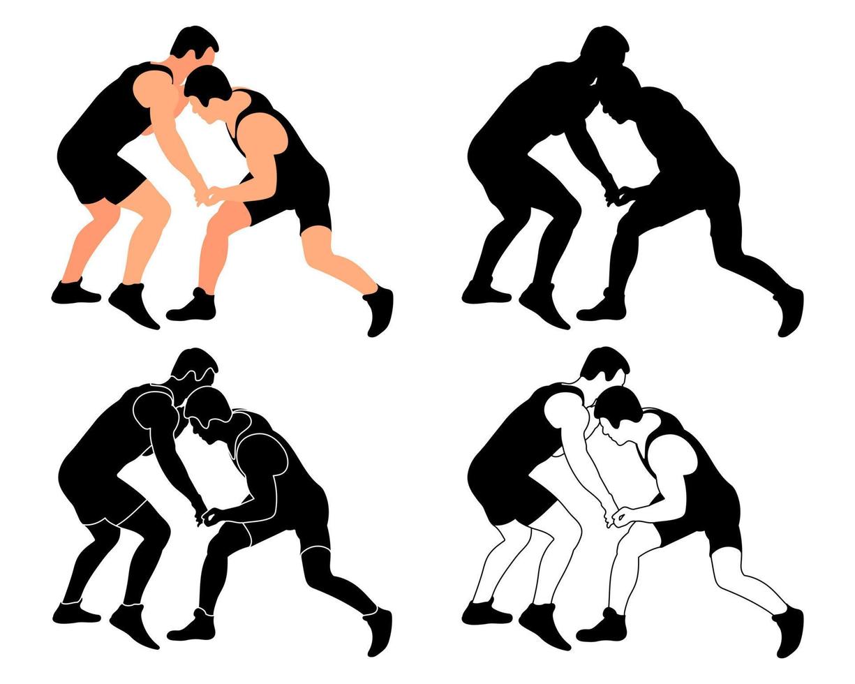 définir des silhouettes d'athlètes lutteurs dans la lutte, le duel, le combat. lutte gréco-romaine, libre, classique. art martial vecteur