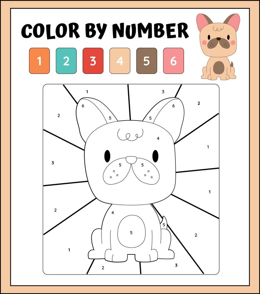 une carte de formation avec une tâche pour les enfants d'âge préscolaire et de maternelle. chien de dessin animé de couleur par numéros. jeu éducatif de couleur par numéro pour les enfants avec des animaux vecteur