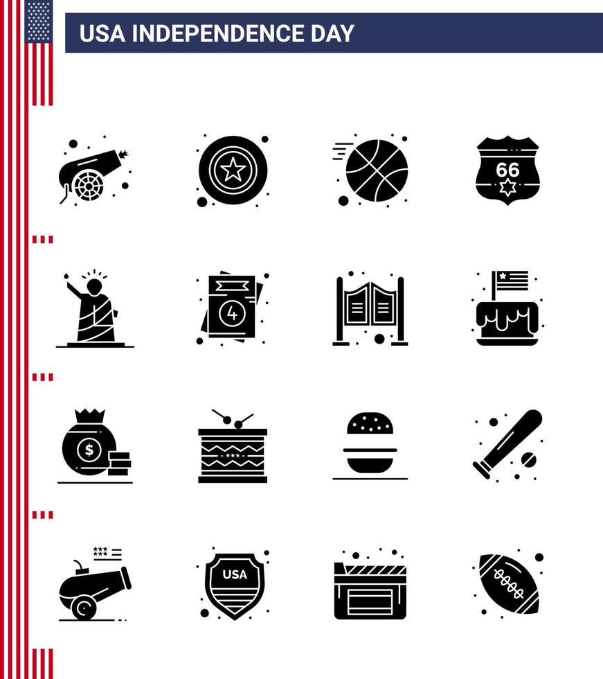 ensemble moderne de 16 glyphes et symboles solides le jour de l'indépendance des états-unis, tels que des points de repère bouclier de sécurité du basket-ball éléments de conception vectoriels modifiables de la journée des états-unis vecteur