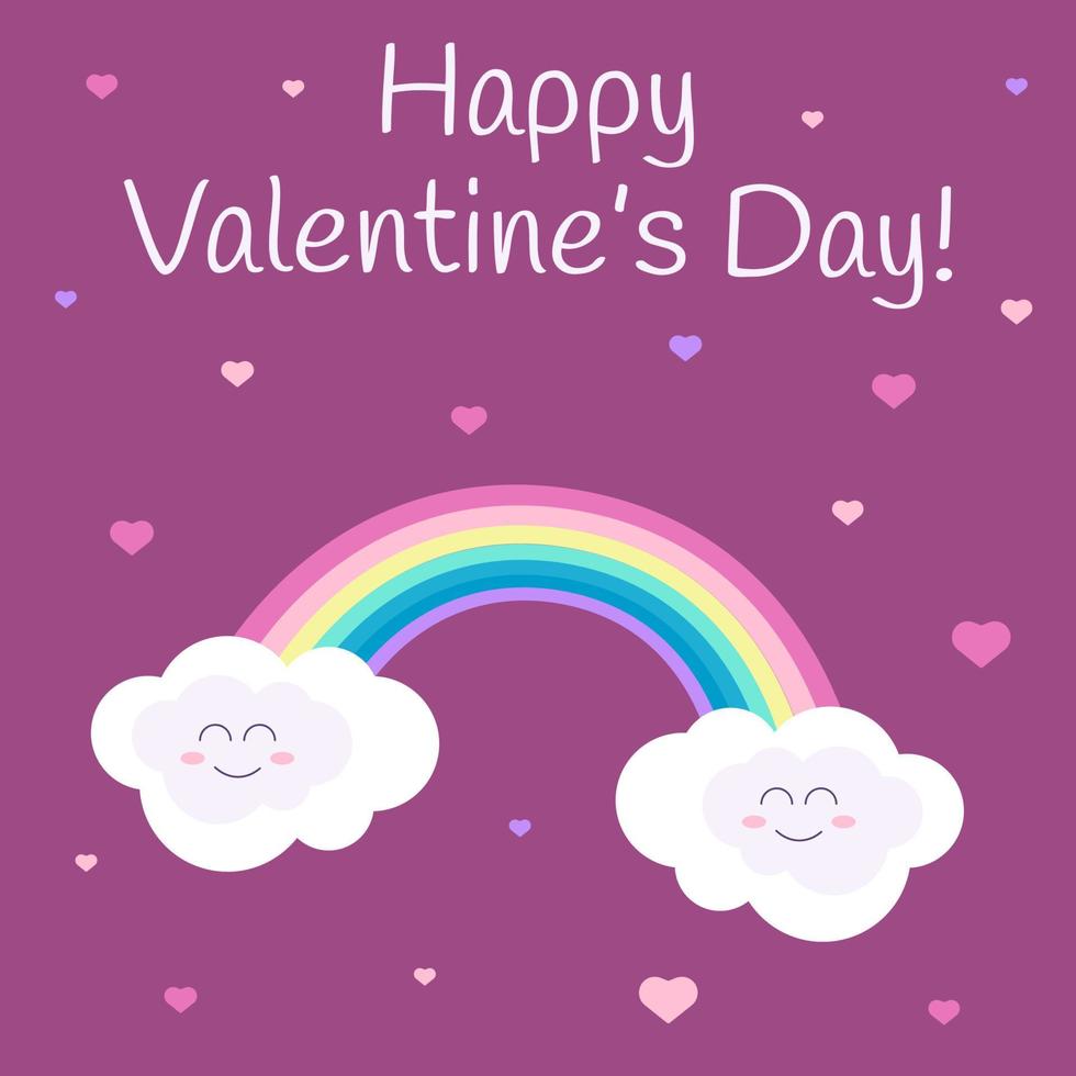 carte postale, bannière, bouton, arrière-plan pour la saint-valentin avec arc-en-ciel et nuages souriants heureux et texte joyeuse saint-valentin sur fond rose avec des coeurs vecteur