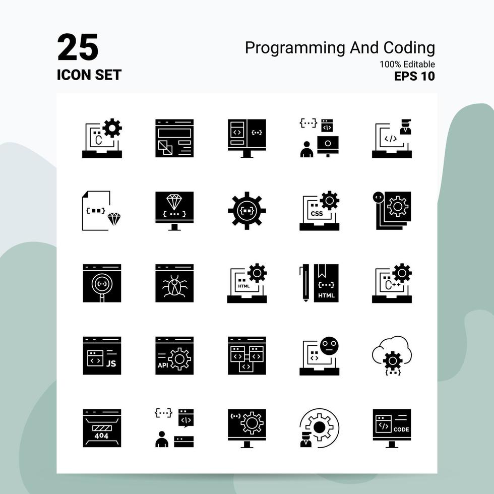 25 jeu d'icônes de programmation et de codage 100 fichiers eps modifiables 10 idées de concept de logo d'entreprise conception d'icône de glyphe solide vecteur