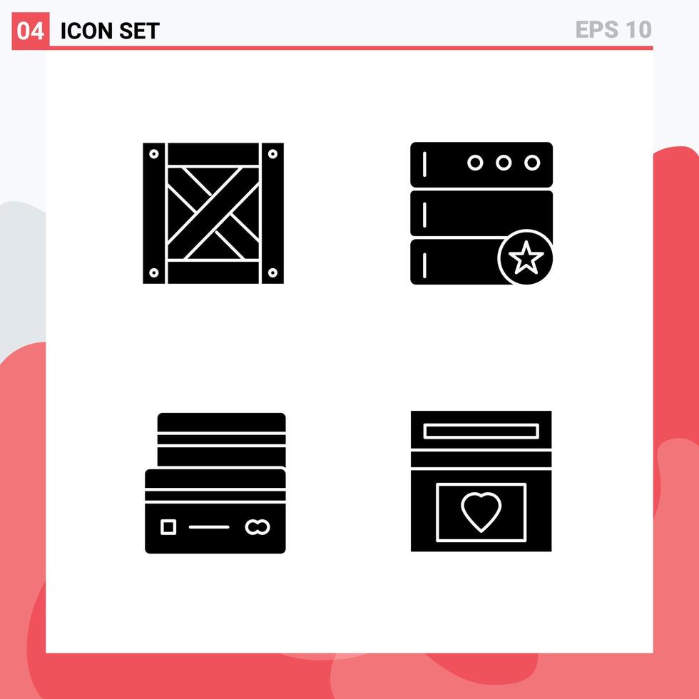 pack de lignes vectorielles modifiables de 4 glyphes solides simples d'éléments de conception vectoriels modifiables de fonds de carte de base de données de paiement logistique vecteur