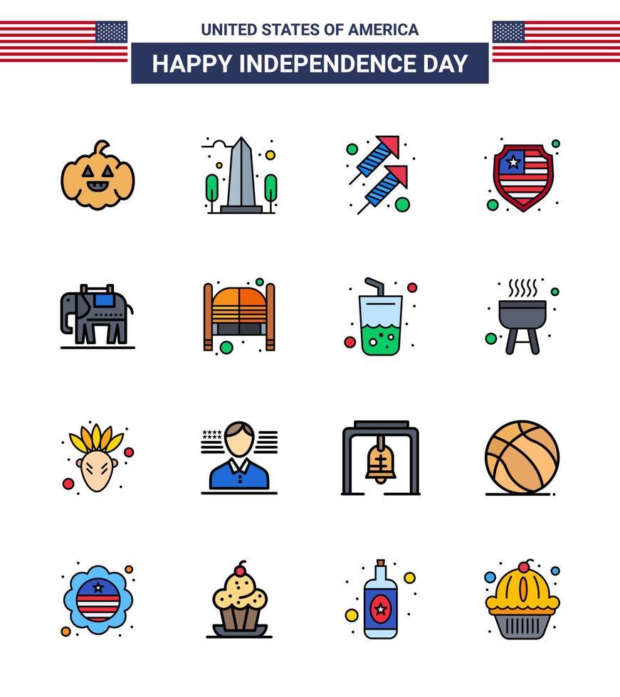 4 juillet usa joyeux jour de l'indépendance icône symboles groupe de 16 lignes modernes remplies d'éléphants célébration bouclier américain modifiable usa jour vecteur éléments de conception