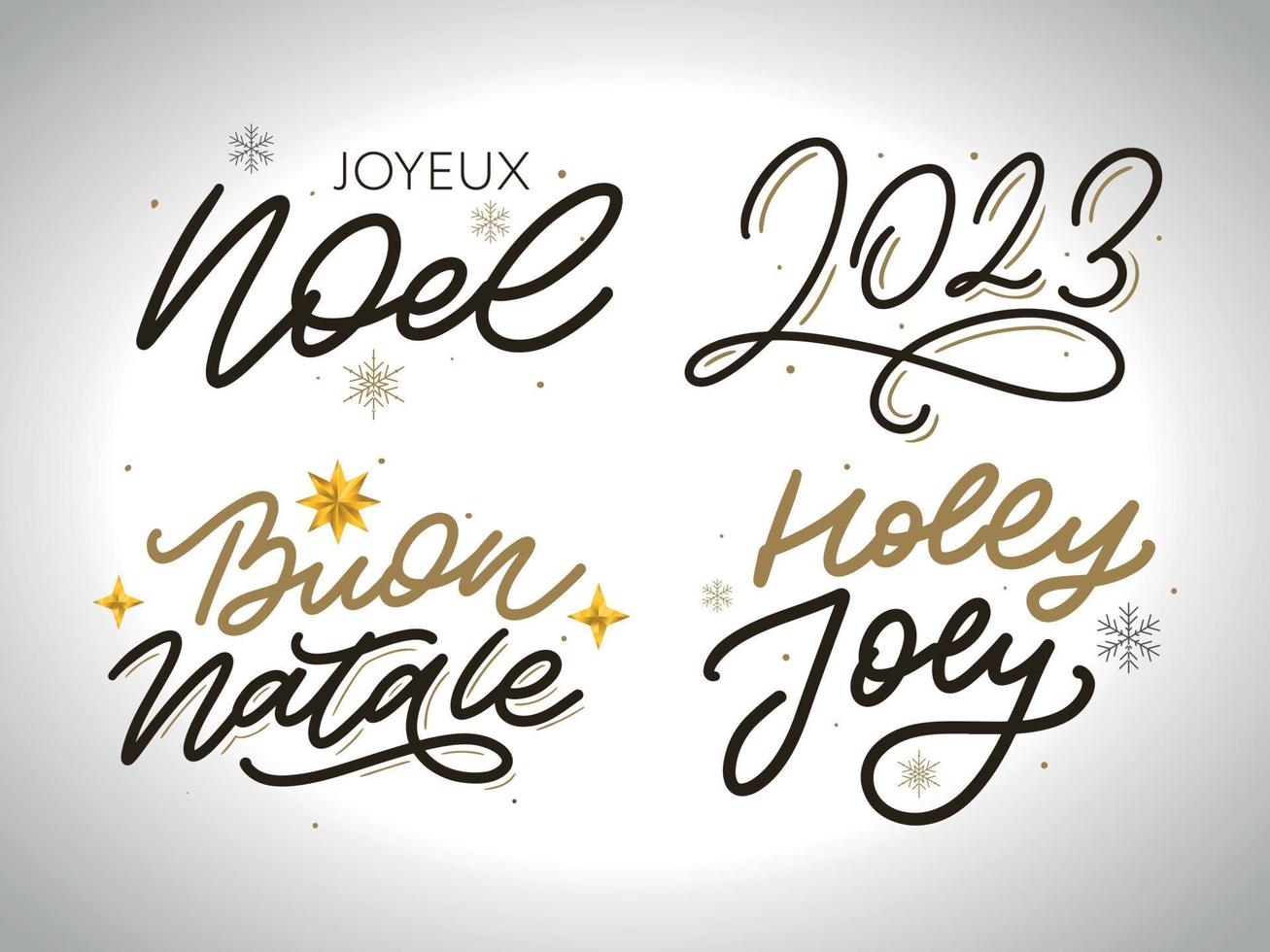 joyeux noël ensemble 2023 bonne année, typographie lettrage insigne emblèmes citations ensemble collection. création de logo vectoriel pour carte postale, invitation, carte de voeux, affiche, cadeau.